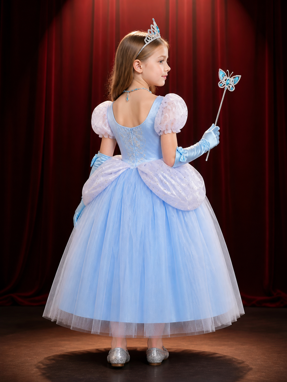 Girls Cinderella Princess Dress Costume, Layered Tulle Ball Gown with Crown Wand back view