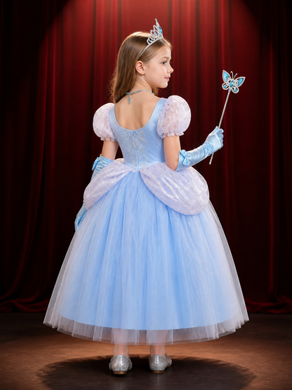 Girls Cinderella Princess Dress Costume, Layered Tulle Ball Gown with Crown Wand back view