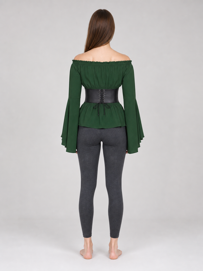 Off-the-Shoulder Blouse with Green Belt