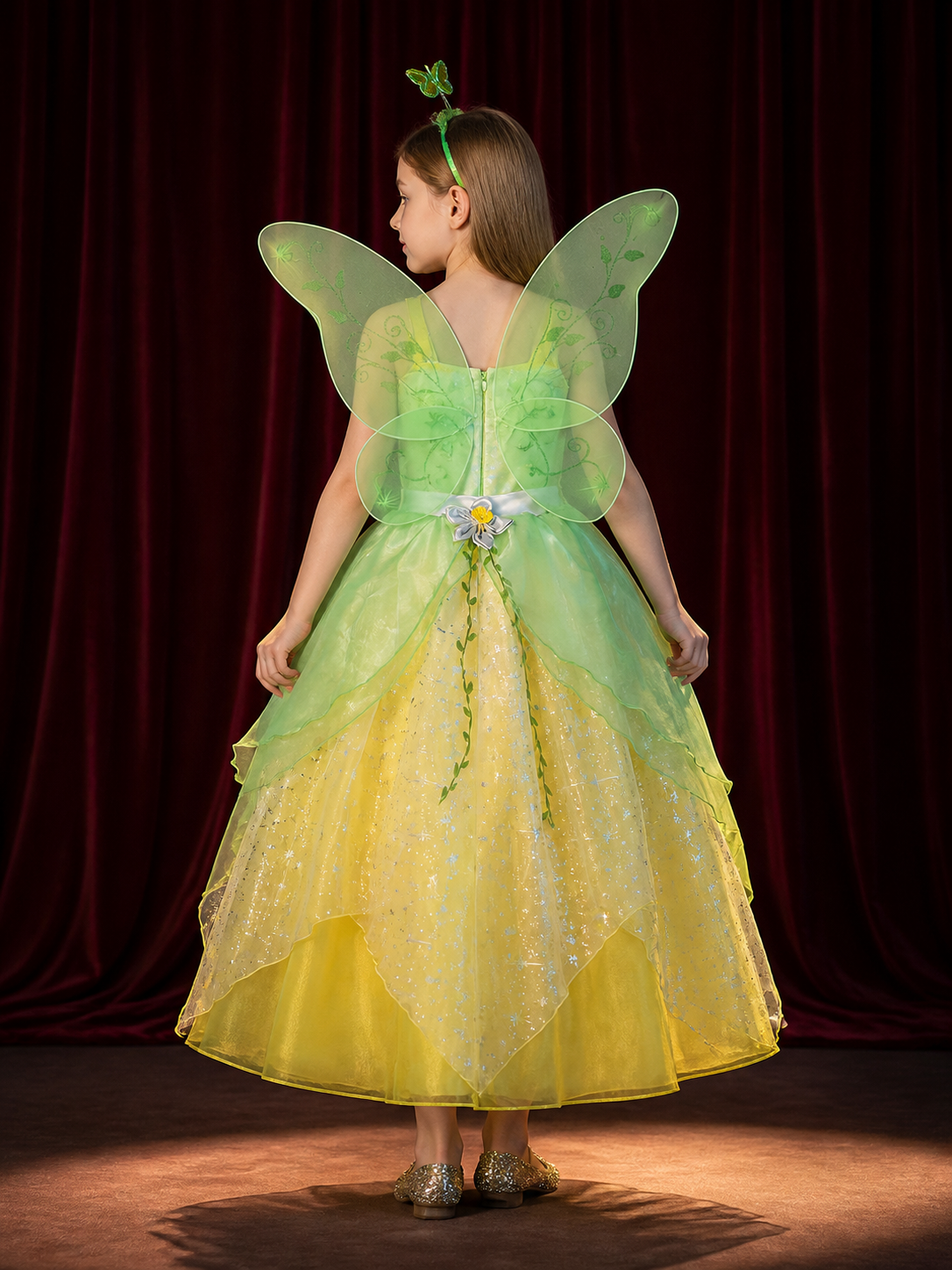 Girls' Princess Dress Costume with Butterfly Wings, Green & Yellow Star and Vine