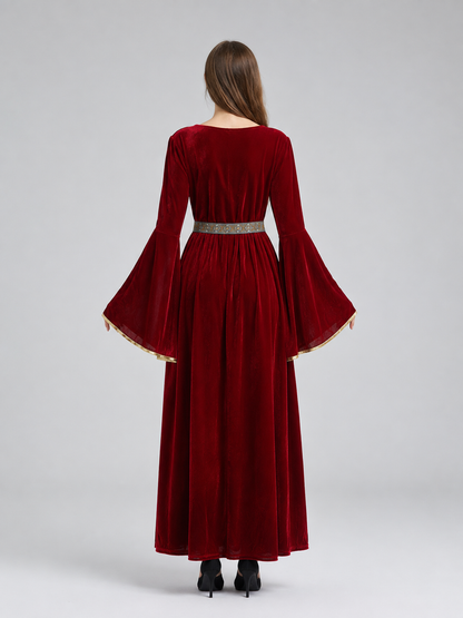 Burgundy Velvet Floor-Length Carnival Dress with Belt back view