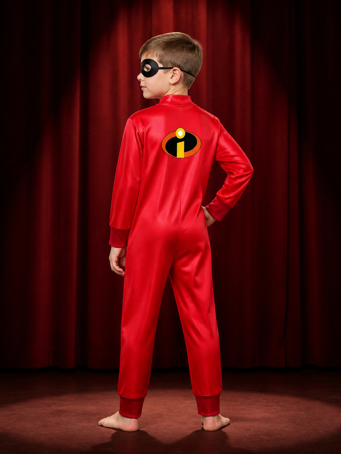 Kids Superhero Costume Set, Red Long Sleeve Jumpsuit with Black Eye Mask and back view