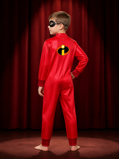 Kids Superhero Costume Set, Red Long Sleeve Jumpsuit with Black Eye Mask and back view