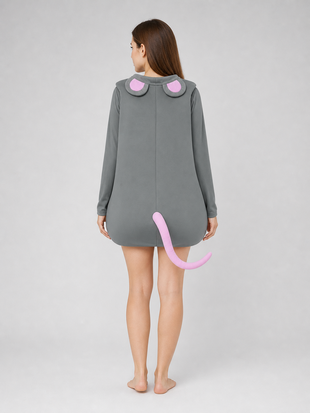 Adult Gray Mouse Costume Set with White Belly, Pink Tail and Mouse-Ear Headband for Costume Parties, Cosplay and Themed Events
