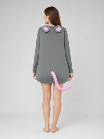 Adult Gray Mouse Costume Set with White Belly, Pink Tail and Mouse-Ear Headband for Costume Parties, Cosplay and Themed Events