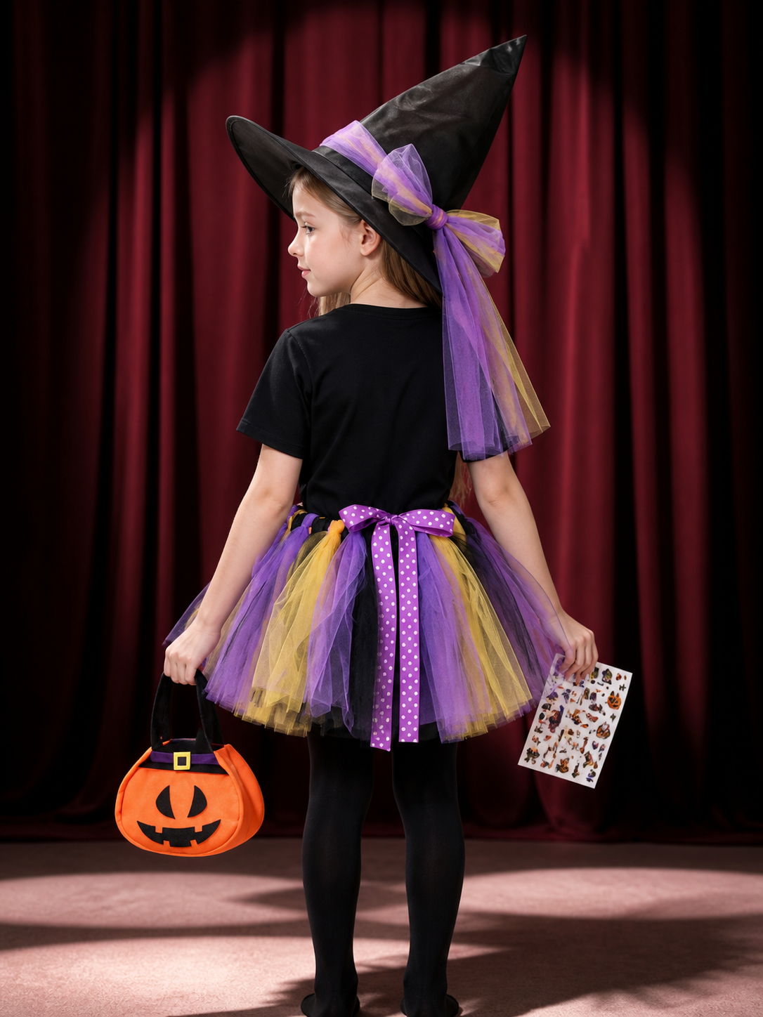 Girls' Witch Costume Set, Layered Tutu Skirt With Hat, Candy Bag, Tights & back view