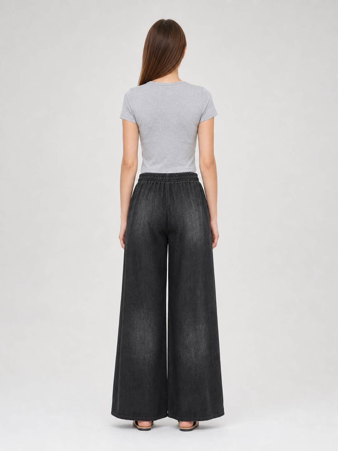 Solid Black Wide-Leg Pants with Elastic Waist and Contrast White Drawstrings back view 5