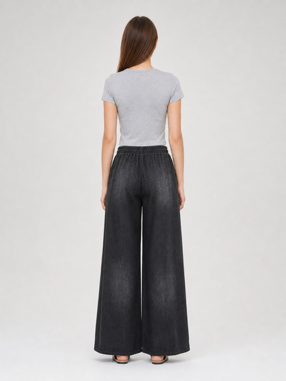 Solid Black Wide-Leg Pants with Elastic Waist and Contrast White Drawstrings back view 5