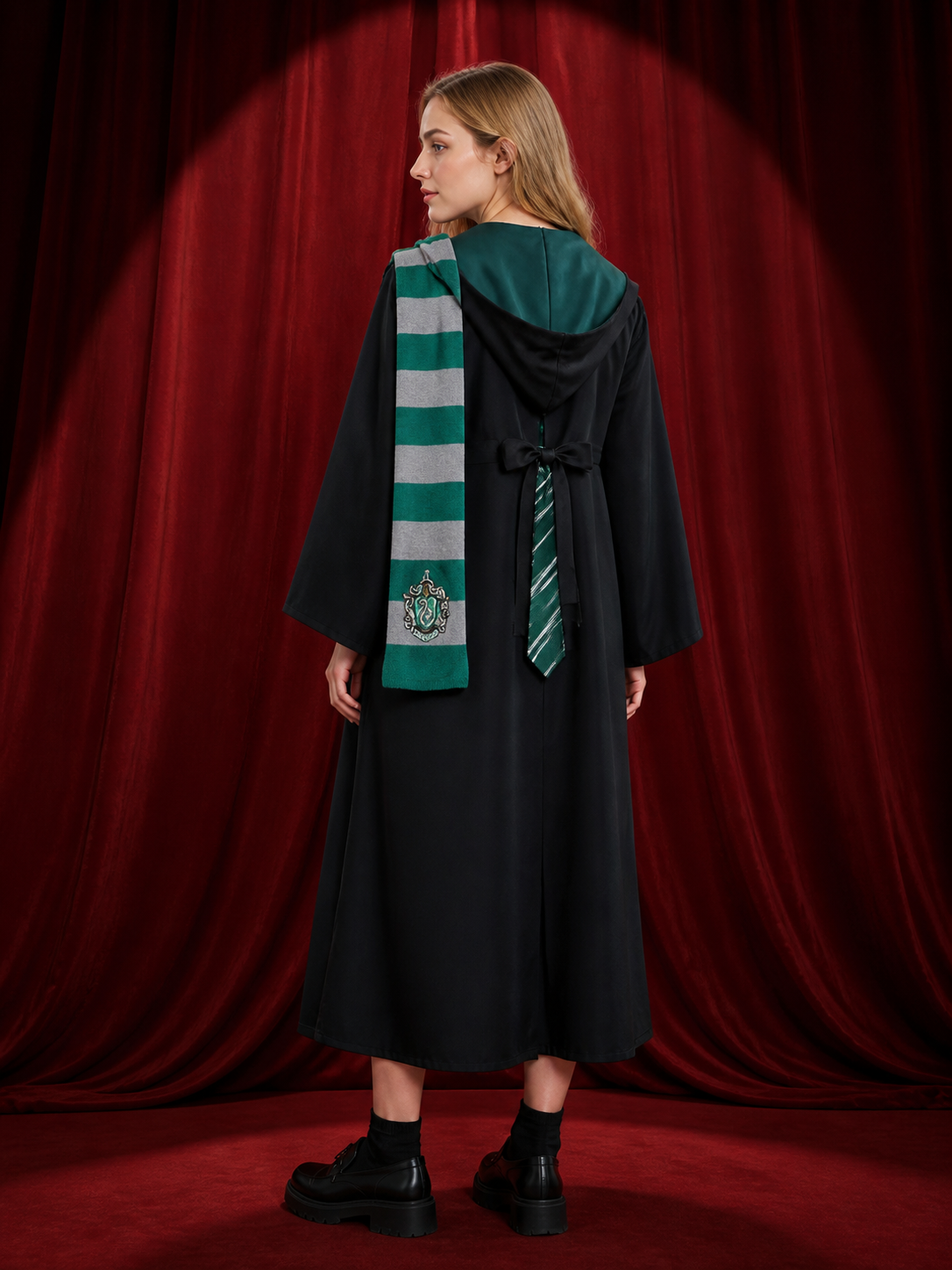 Green Gray Striped Wizard Cloak Costume Set with Hooded Robe, Scarf, and Tie back view