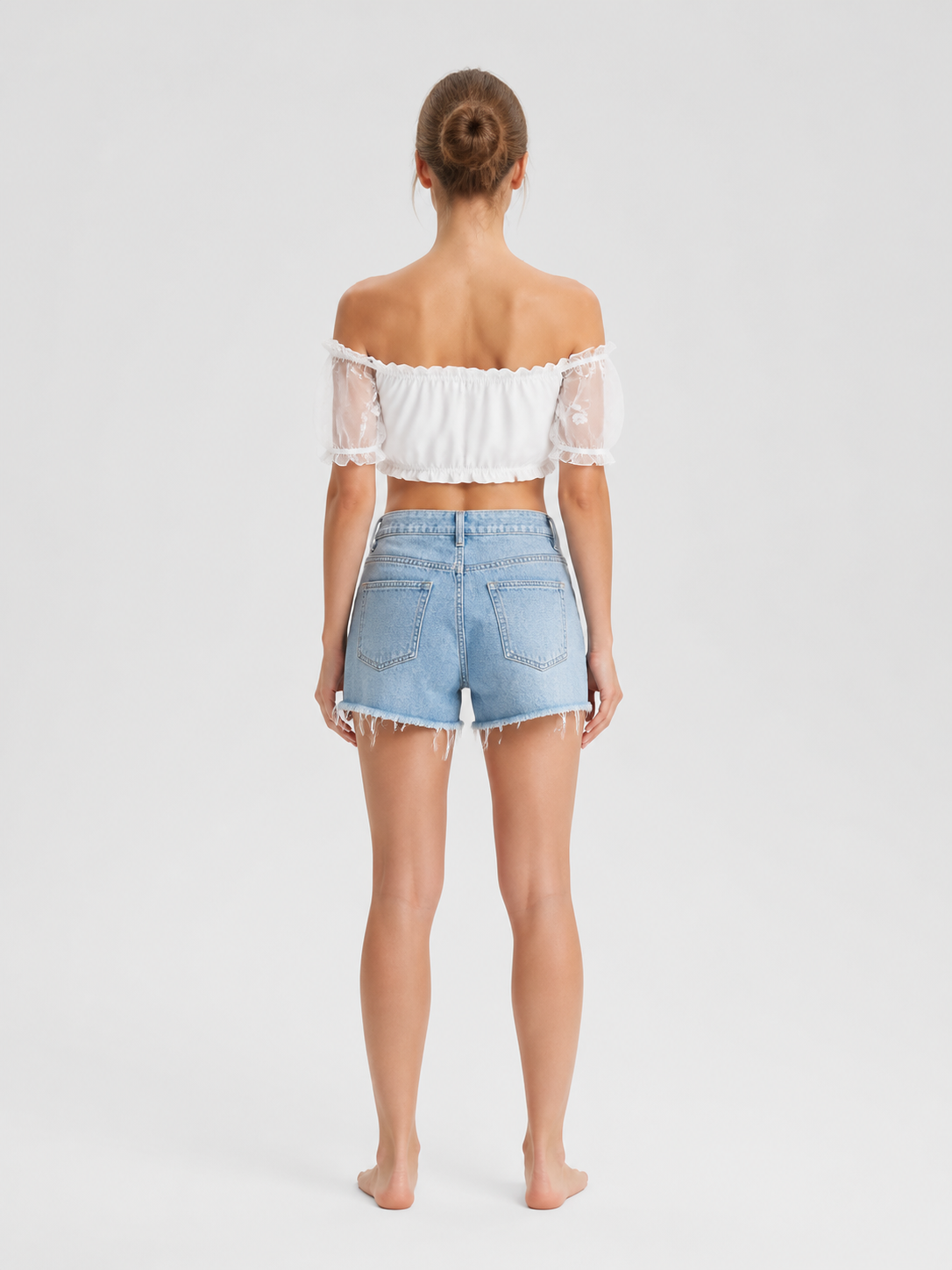 White Off-the-Shoulder Top with Puff Sleeves and Ruffles back view