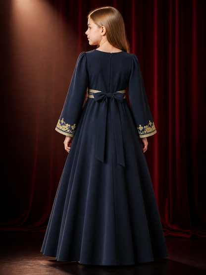 Girls' Navy Blue Princess Dress, Long Sleeve Gold Embroidered Formal Gown