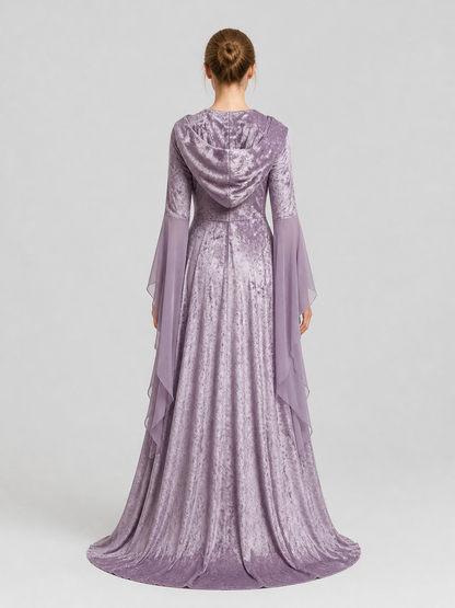 Long Purple Dress with Hood and Full Skirt back view