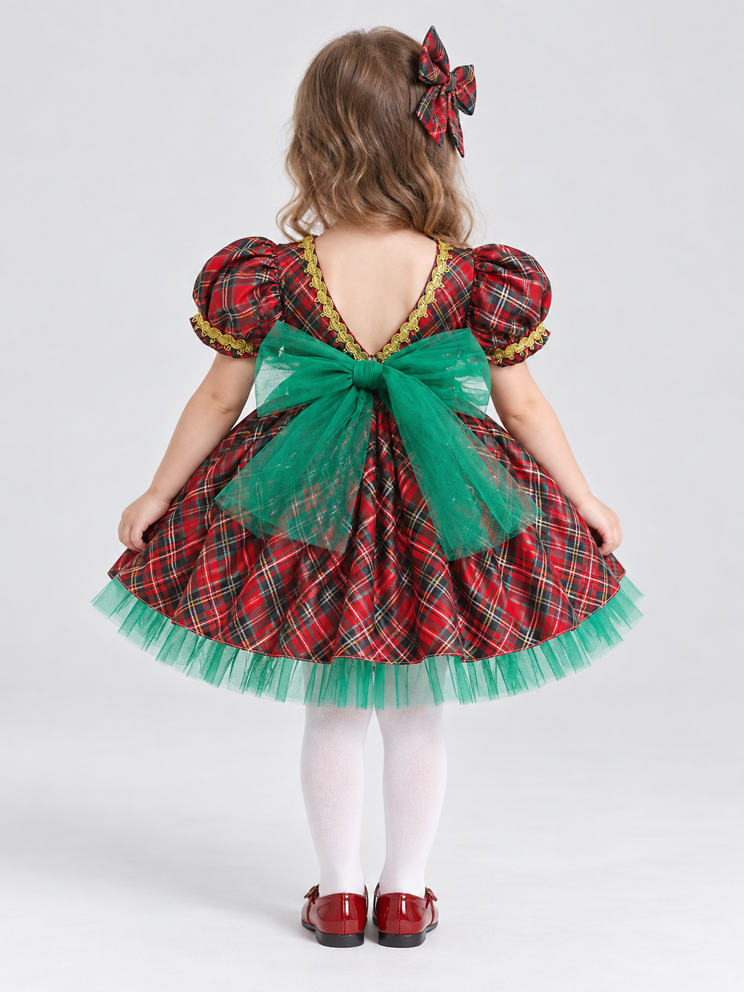 Festive Plaid Dress with Fluffy Skirt and Bow