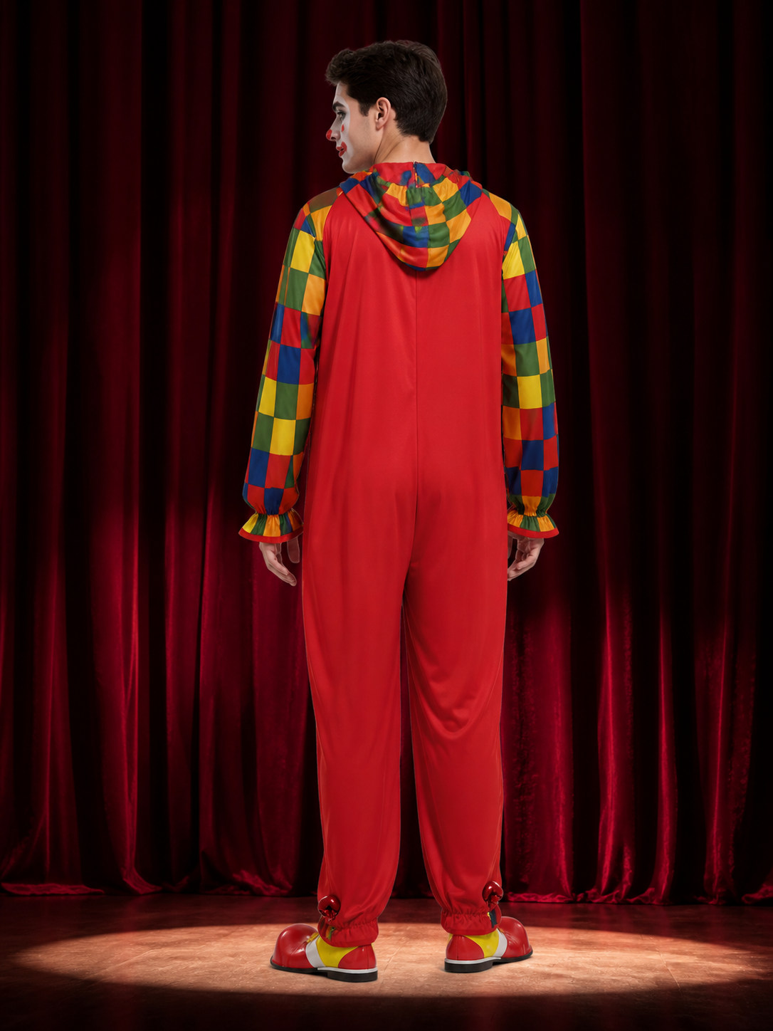 Kids Clown Costume Jumpsuit with Colorful Checkered Sleeves and Bow Tie back view