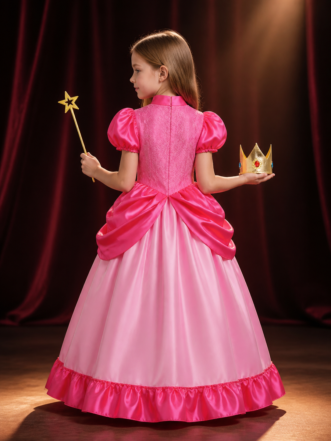 Girls Pink Princess Ball Gown with Crown and Wand, Ruffle Lace Halloween Costume back view