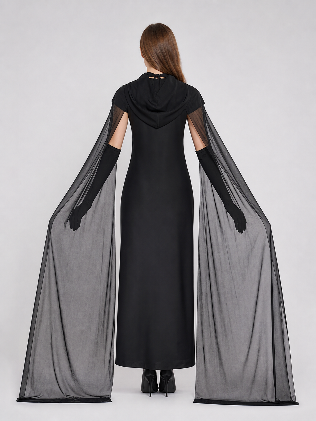Glowing Black Hooded Mesh Cape