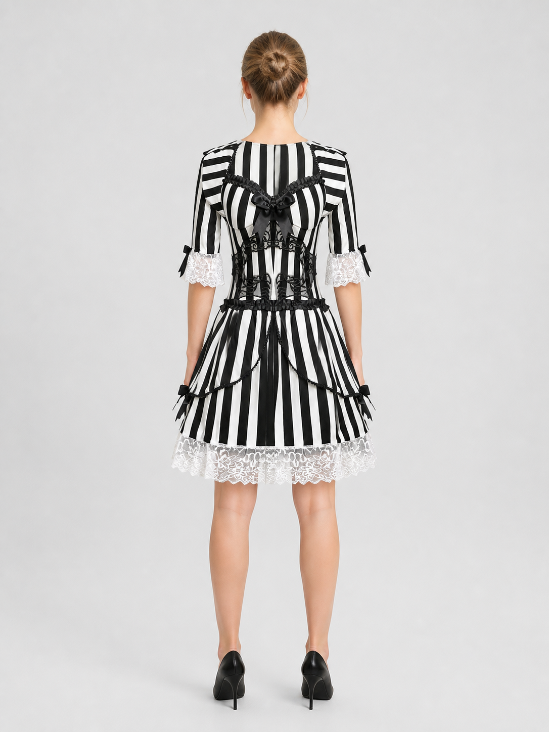 Black and White Striped Halloween Dress with Lace back view