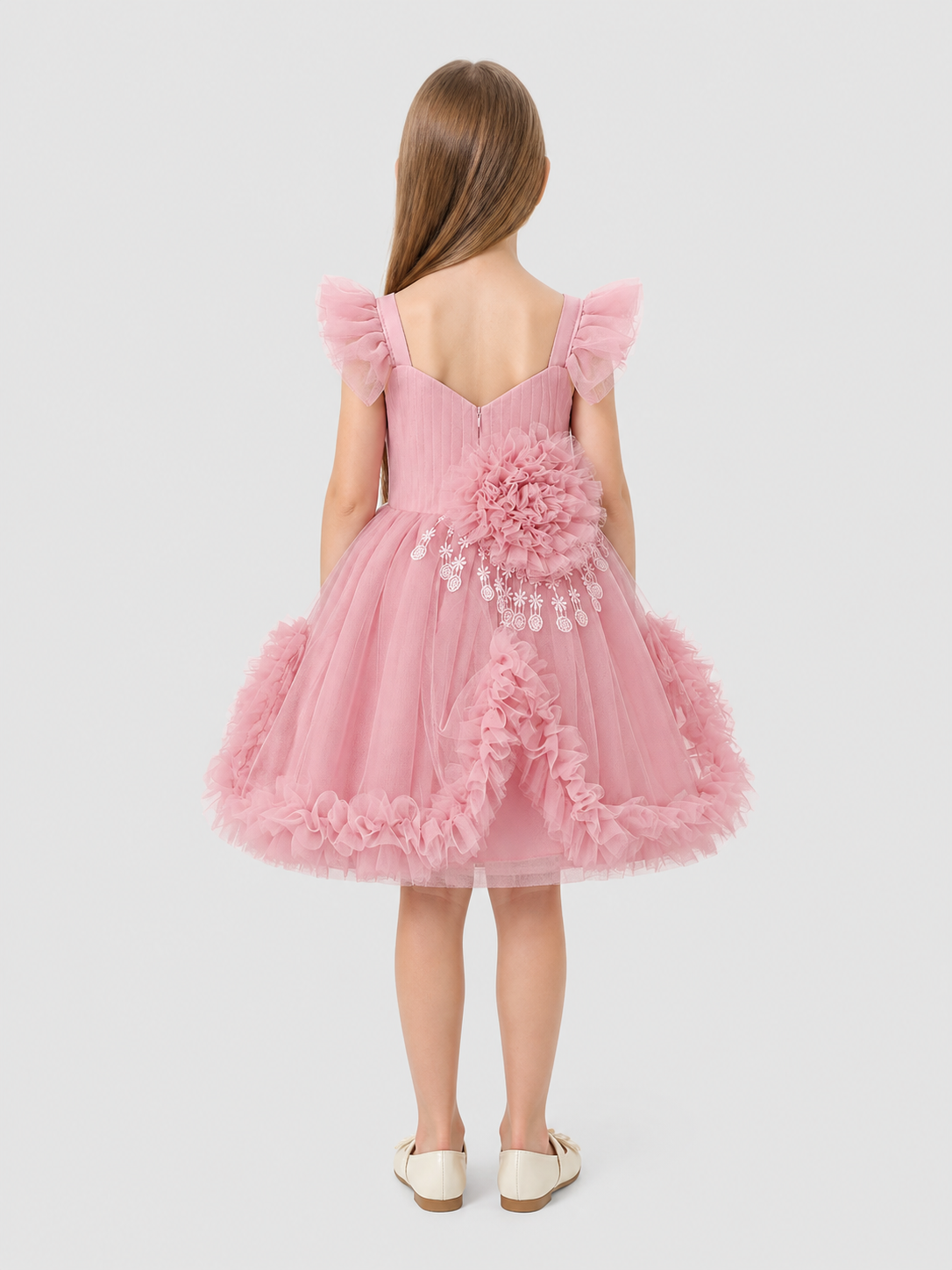 Girls' Dressy Dress with Flower and Full Skirt back view