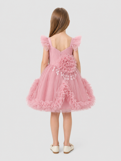 Girls' Dressy Dress with Flower and Full Skirt back view