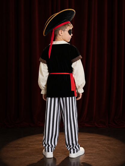 Kids' Pirate Costume Set - Skeleton Print Shirt, Striped Pants, Hat, Eye Patch back view