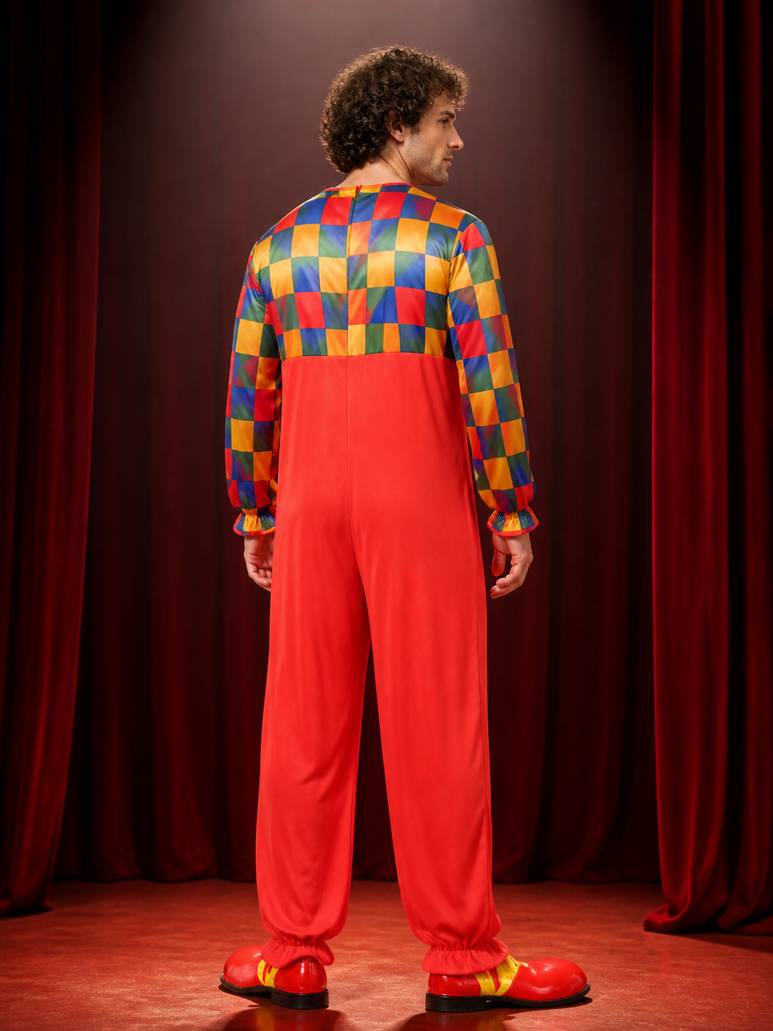 Adult Clown Jumpsuit Costume with Colorful Checkered Print and Bow Tie back view