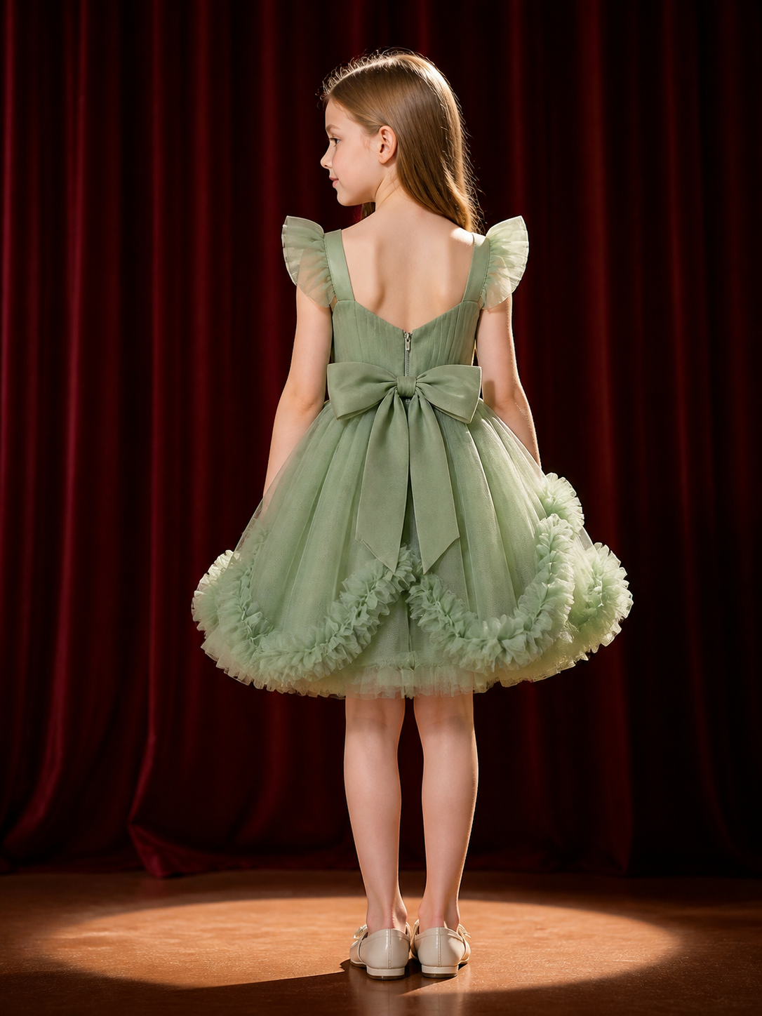 Baby Girls Flower Girl Princess Dress, Layered Tulle Skirt, Ruffle Sleeves and back view