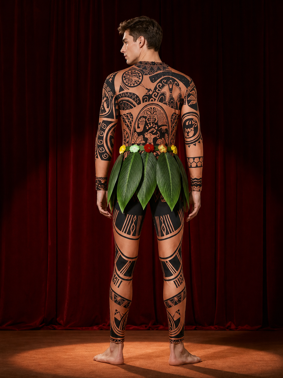 Maui Cosplay Onesie Costume with Tribal Tattoo Print, Leaf Skirt and Flower Belt back view