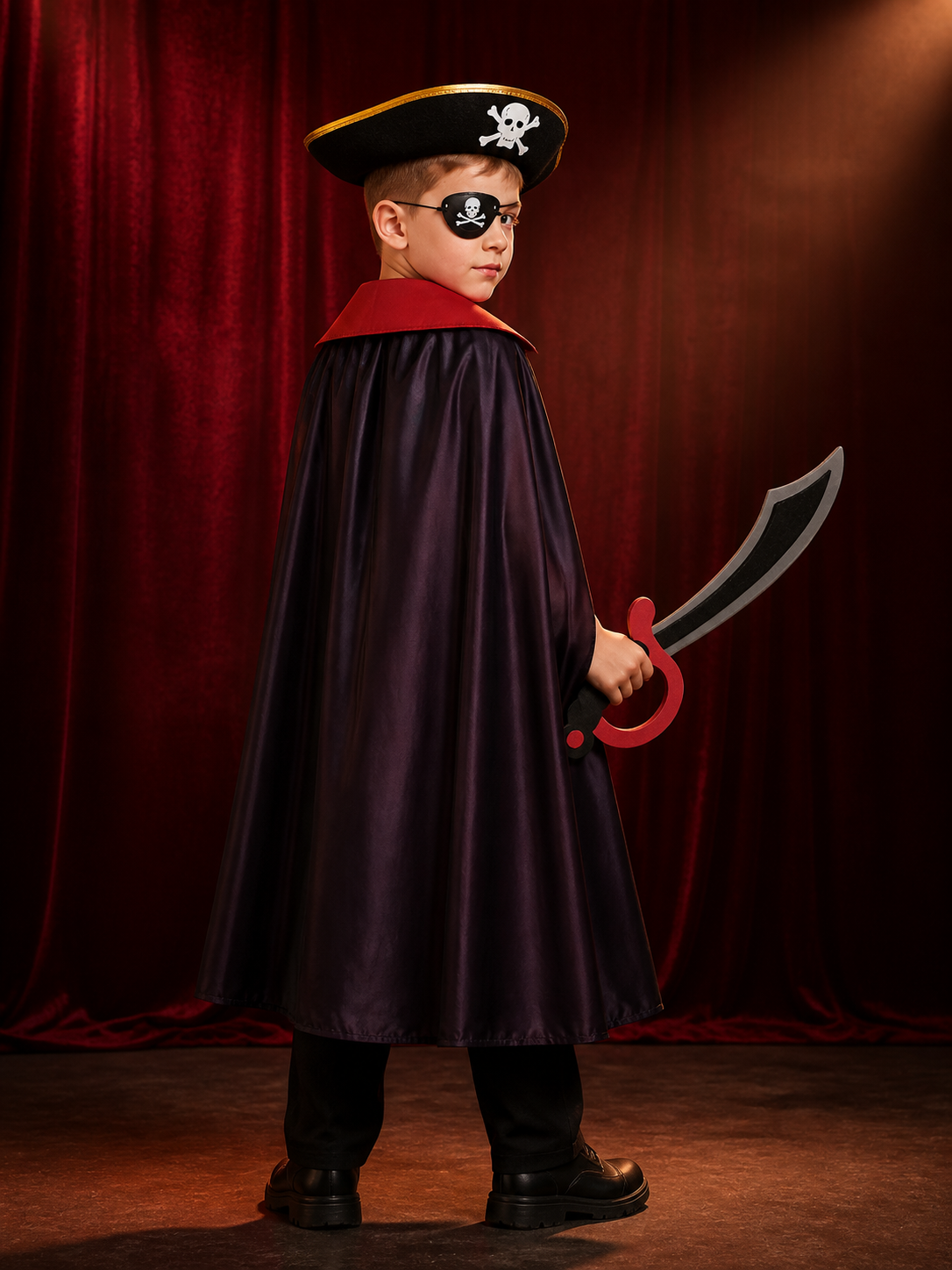 Pirate Cape Costume Set for Kids with Hat, Eye Patch & Toy Sword, Halloween back view
