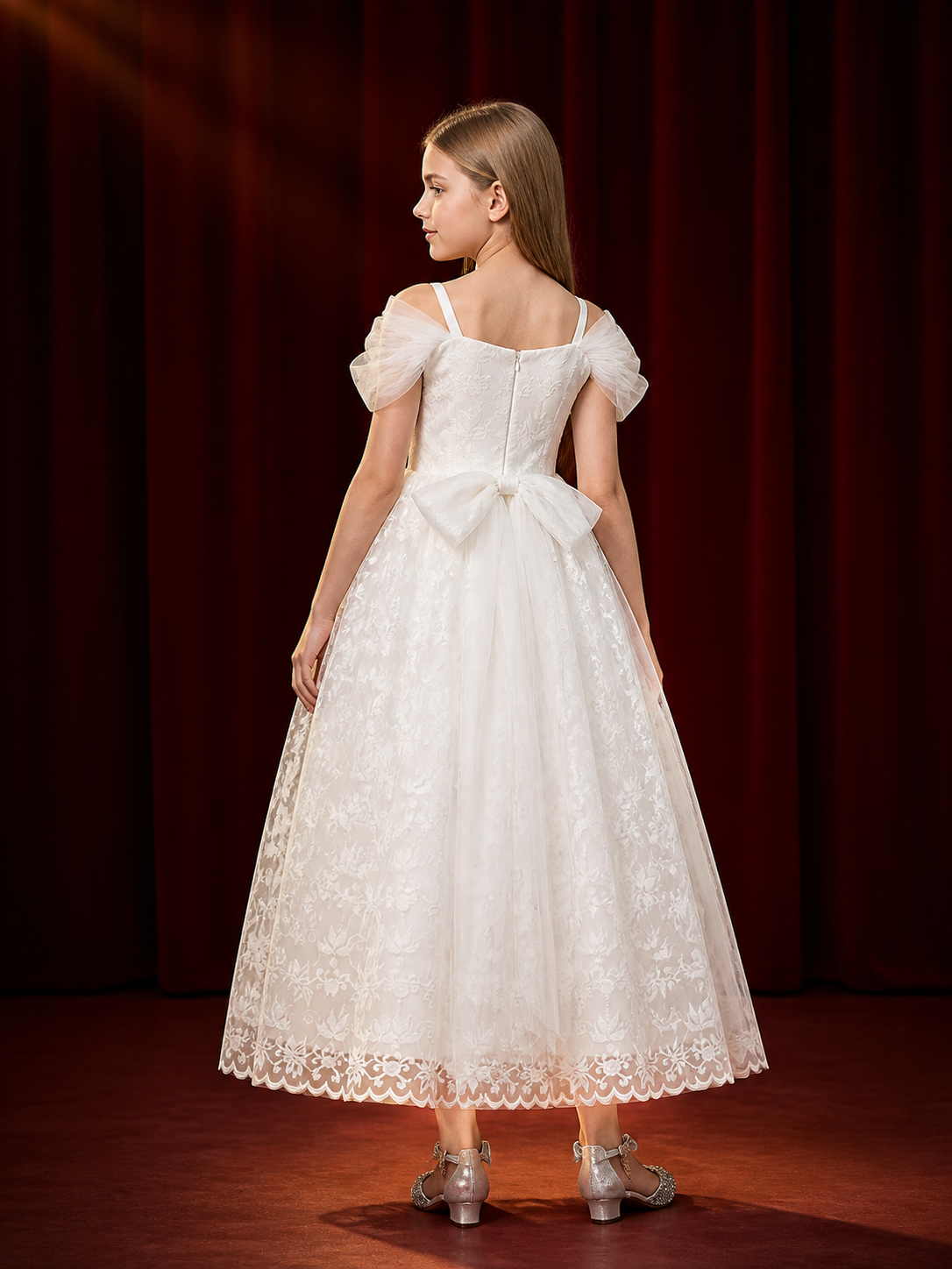 Girls' White Princess Formal Dress with Floral Embroidery and Long Train back view