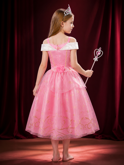 Girls Princess Costume Set - Pink Tulle Dress, Crown & Wand, Gold Star Decor for back view