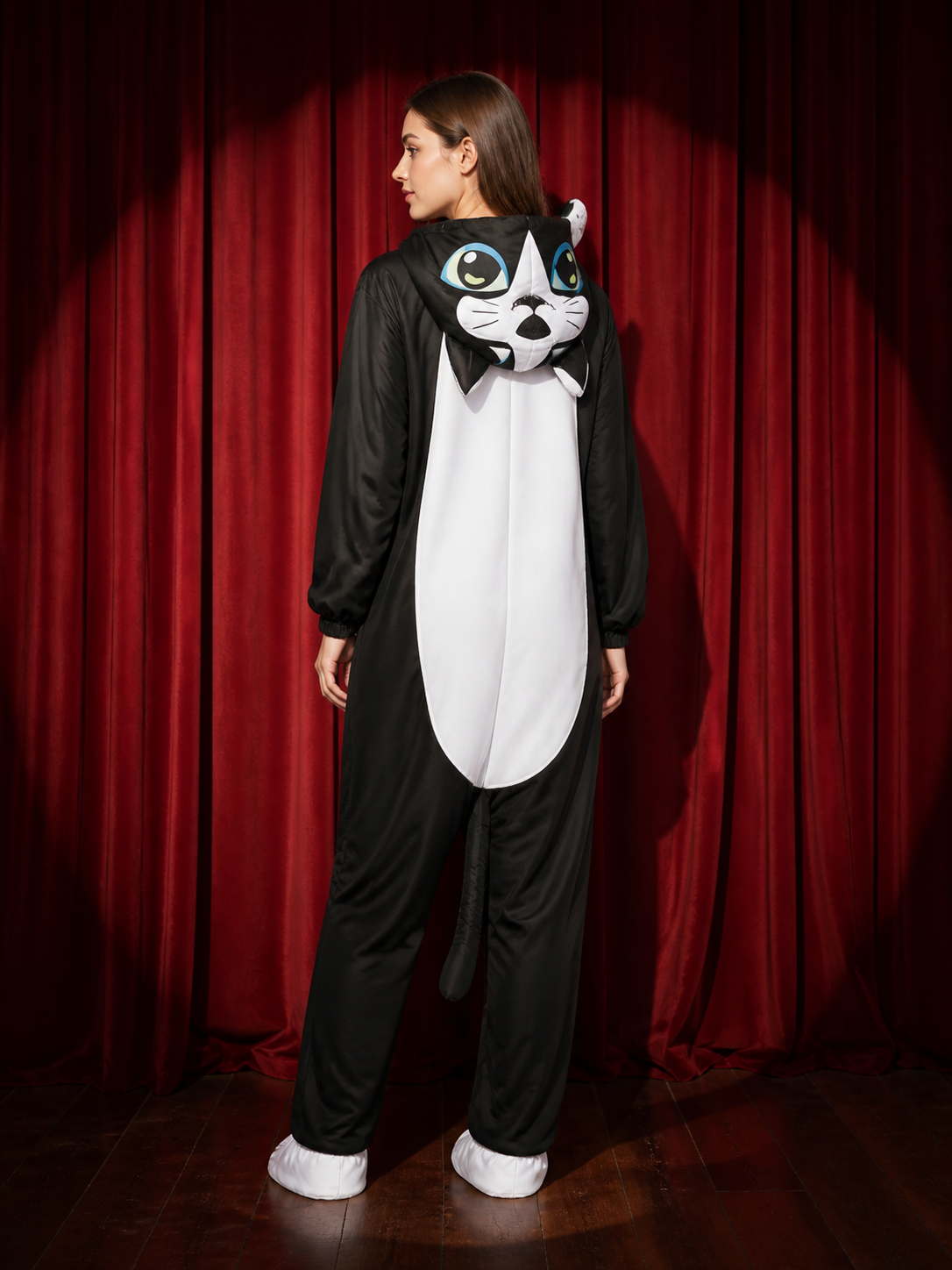 Inflatable Cat Halloween Costume, Funny Black and White Stage Performance Outfit back view