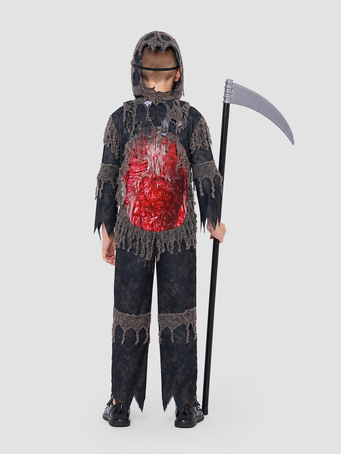 Skeleton cosplay costume with mask and scythe back view