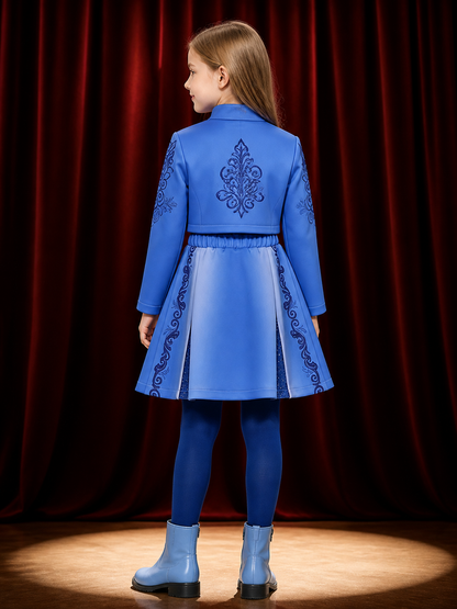 Girls' Blue Princess Costume Set with Sequined Vest, Jacket with Silver Trim back view