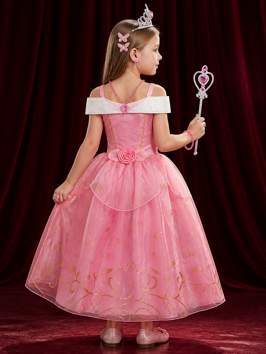 Girls Princess Aurora Dress Costume Set with Crown and Magic Wand, Pink Tutu back view