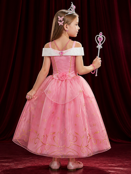 Girls Princess Aurora Dress Costume Set with Crown and Magic Wand, Pink Tutu back view