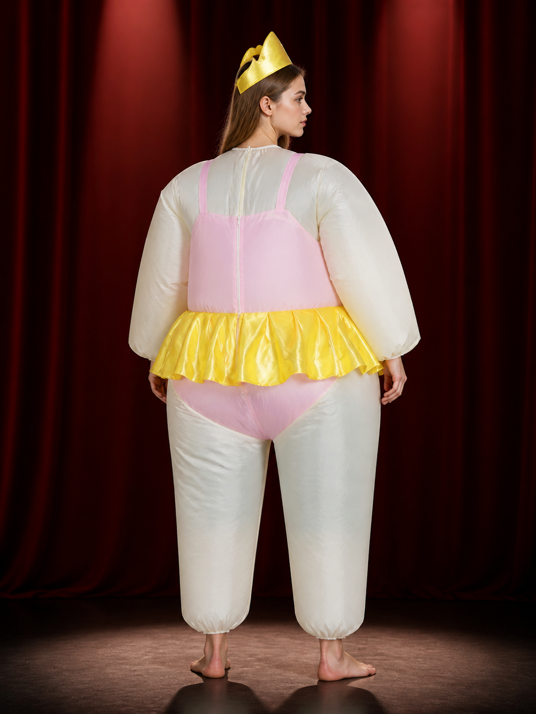 Womens Cartoon Mouse Inflatable Costume, Funny Blow Up Outfit with Yellow Skirt back view