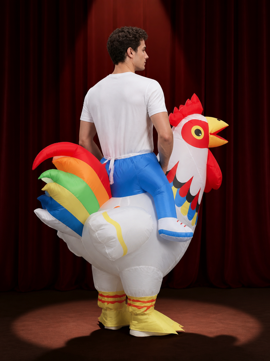 Unisex Inflatable Rooster Costume, Red White Chicken Cosplay Outfit for back view