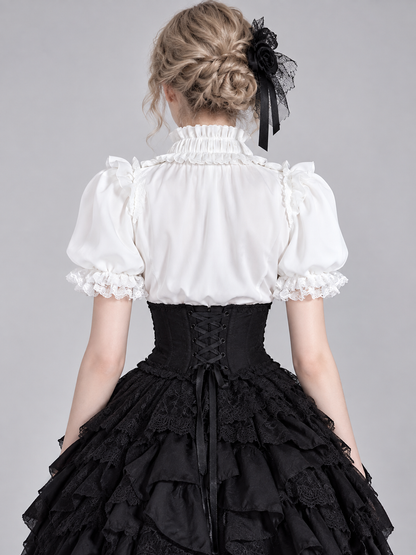 White Lolita-Style Blouse with Jabot and Lace
