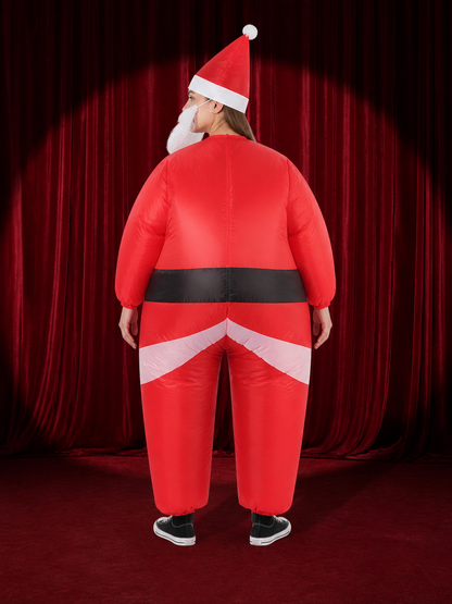 Red Santa Claus Costume Jumpsuit for Adults with Hat and White Beard back view