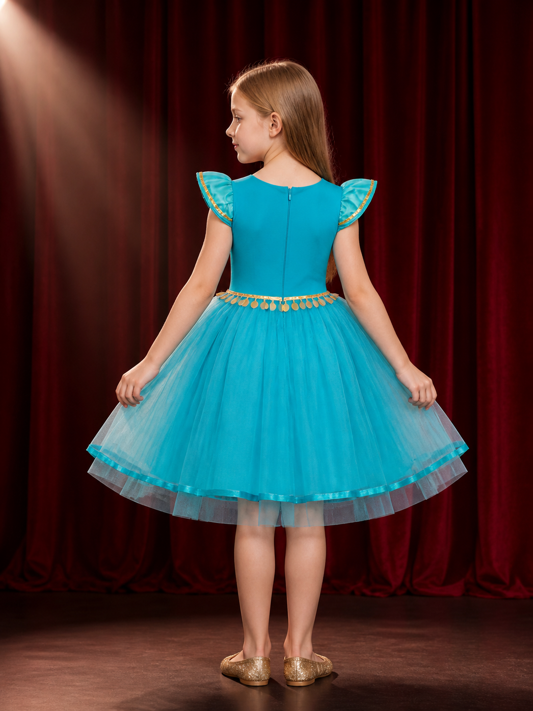 Girls' Blue Princess Dress Costume, Sequined Bodice, Tulle Skirt, Gold Waist back view