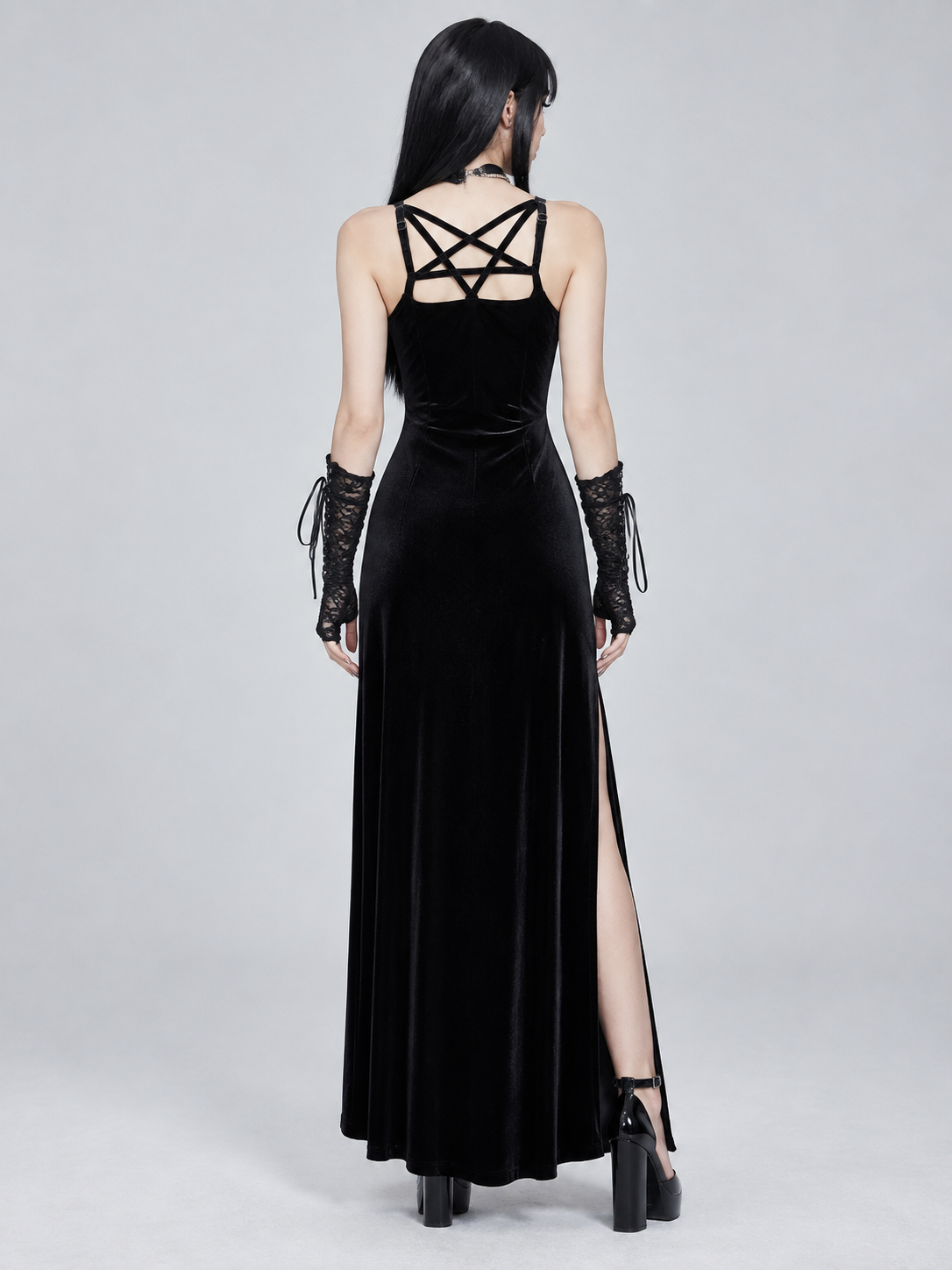 Black Gothic-Style Maxi Dress with Slit