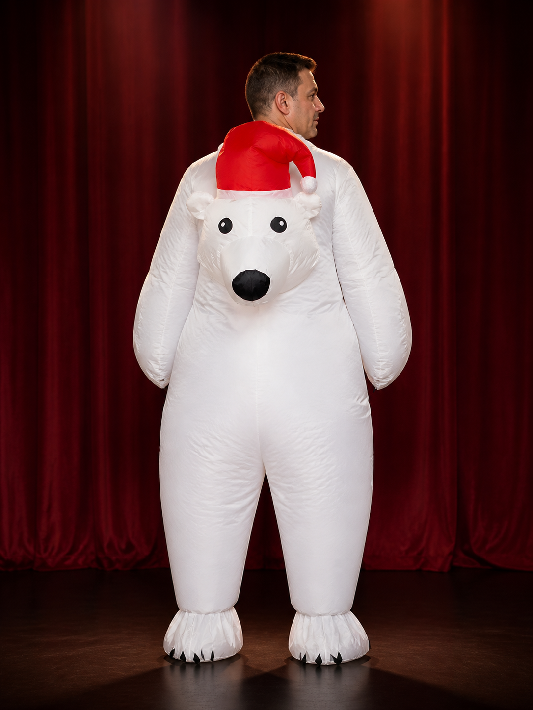 Polar Bear Inflatable Costume with Red Santa Hat and Black Claws for Halloween back view
