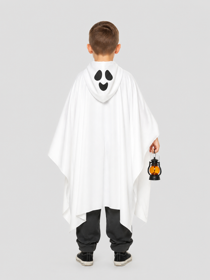 White Ghost Costume with Black Face and Jagged Hem