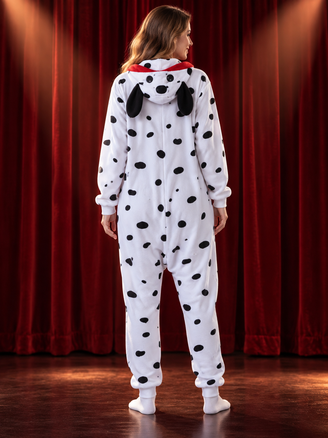 White pajama jumpsuit with black spots, dog hood