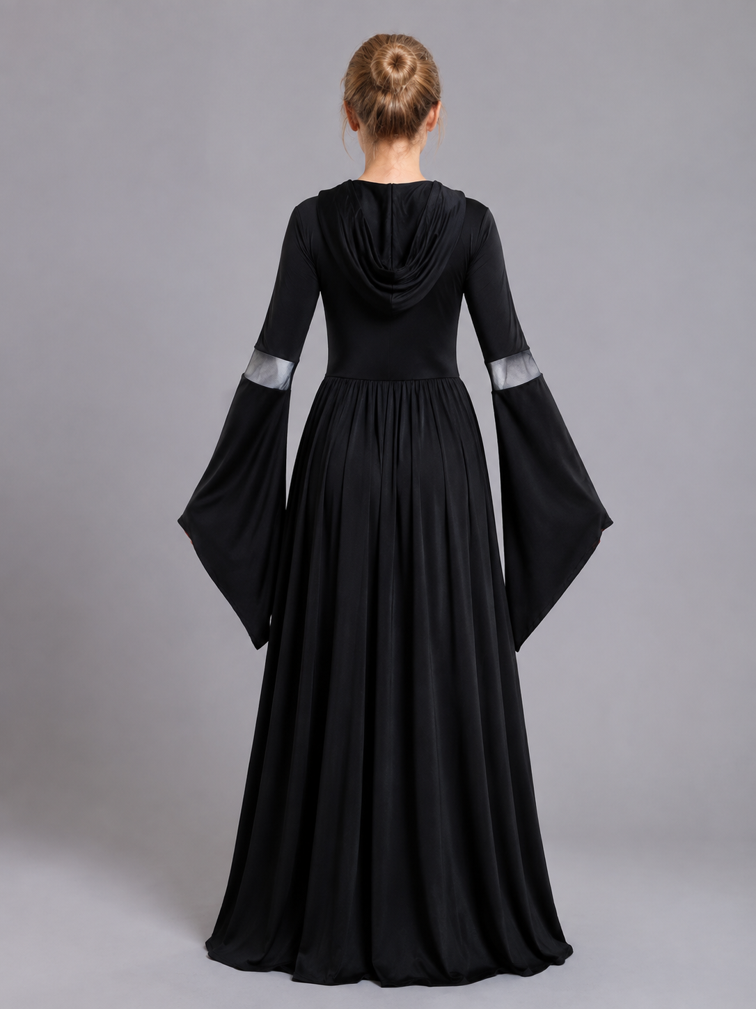 Floor-Length Gothic Hooded Dress with Lace-Up Detail back view