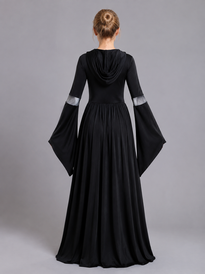 Floor-Length Gothic Hooded Dress with Lace-Up Detail back view