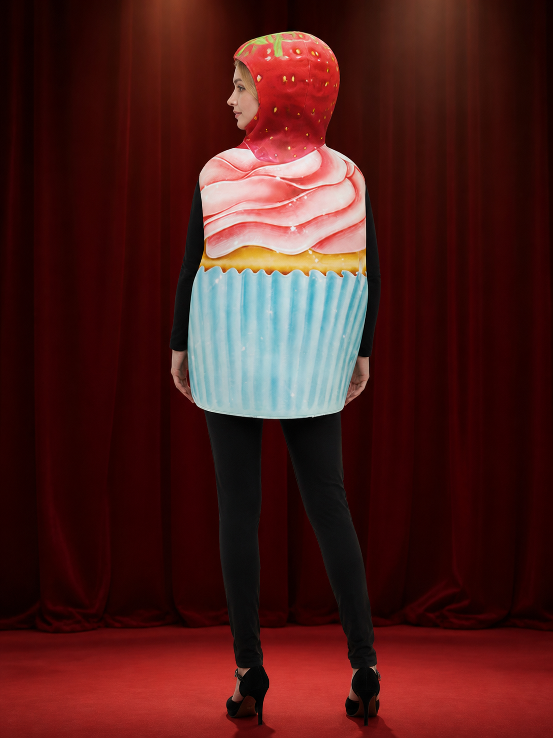 Adult Strawberry Cake Costume Bodysuit, Cupcake Design Halloween Cosplay Outfit back view