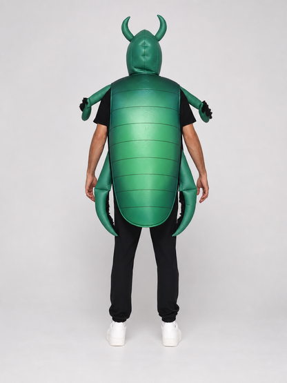The beetle costume features a full-body insect silhouette with a large segmented green panel on the abdomen. The look is completed by a curved headpiece resembling horns, along with green side and hand elements that imitate insect limbs. Th