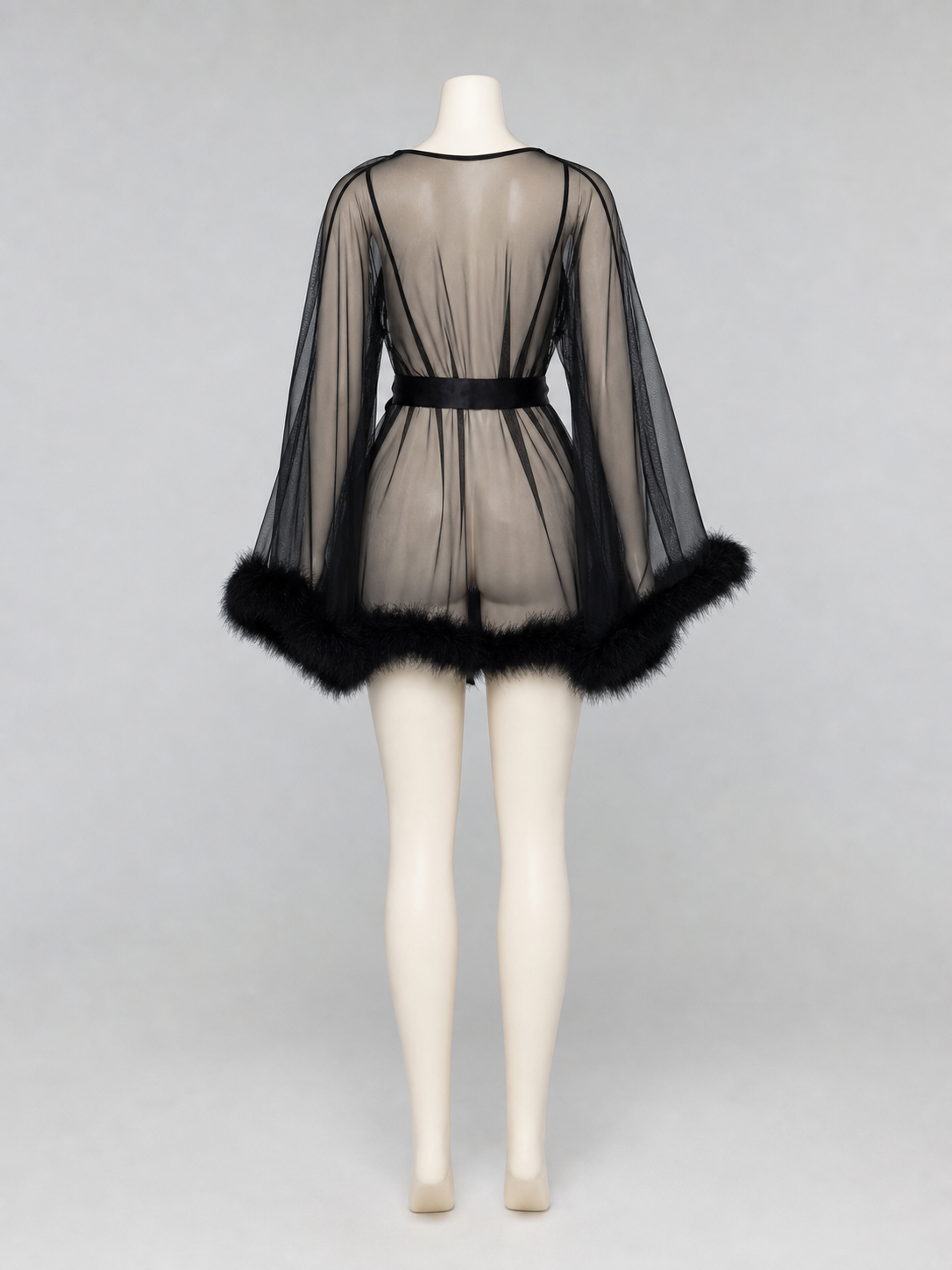 Black Sheer Robe with Belt and Fluffy Trim