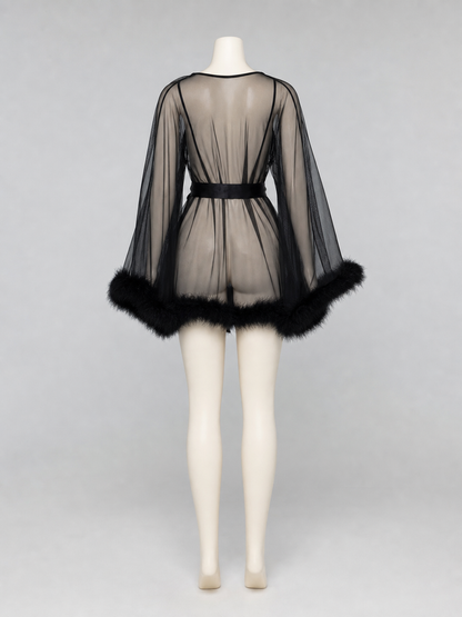 Black Sheer Robe with Belt and Fluffy Trim